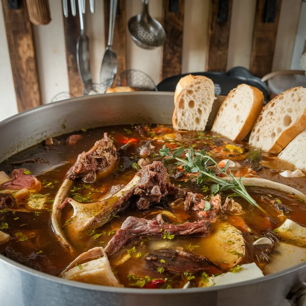 Large pot of rich, dark soup with meaty bones, garnished with fresh herbs and bread slices dunked into the broth.