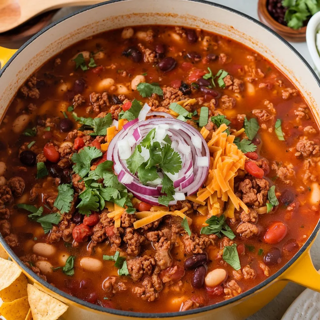 A large pot of taco soup featuring ground meat, beans, tomatoes, and spices, topped with chopped onions, cilantro, and shredded cheese, served with tortilla chips.