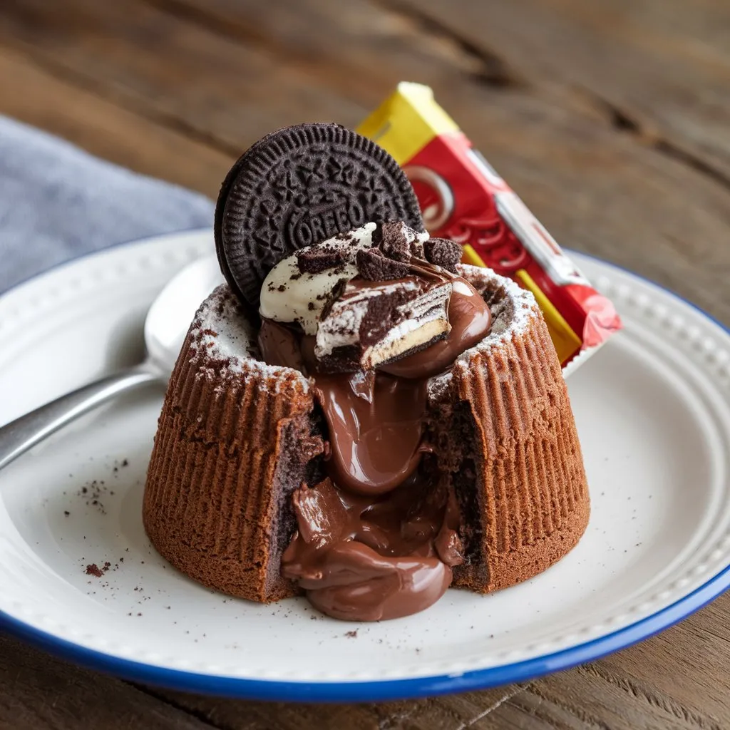 A lava cake with a gooey chocolate center, topped with crushed Oreo and a candy bar, served on a white plate with a spoon on a wooden surface.