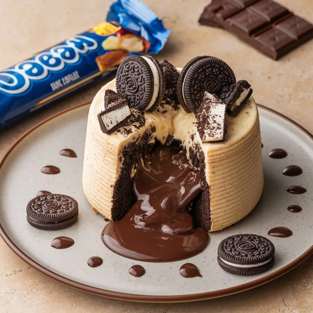 A lava cake sliced open to reveal gooey chocolate filling, topped with crushed Oreos, with a partially unwrapped candy bar beside it on a plate with chocolate drops, set against a beige background.