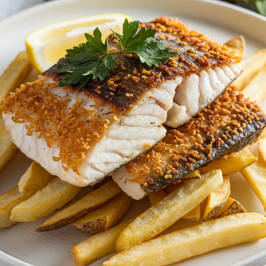 A lectin-free fish and chips dish cooked in an air fryer, featuring golden-brown crispy fish and fries with parsley and a lemon wedge on a white plate.