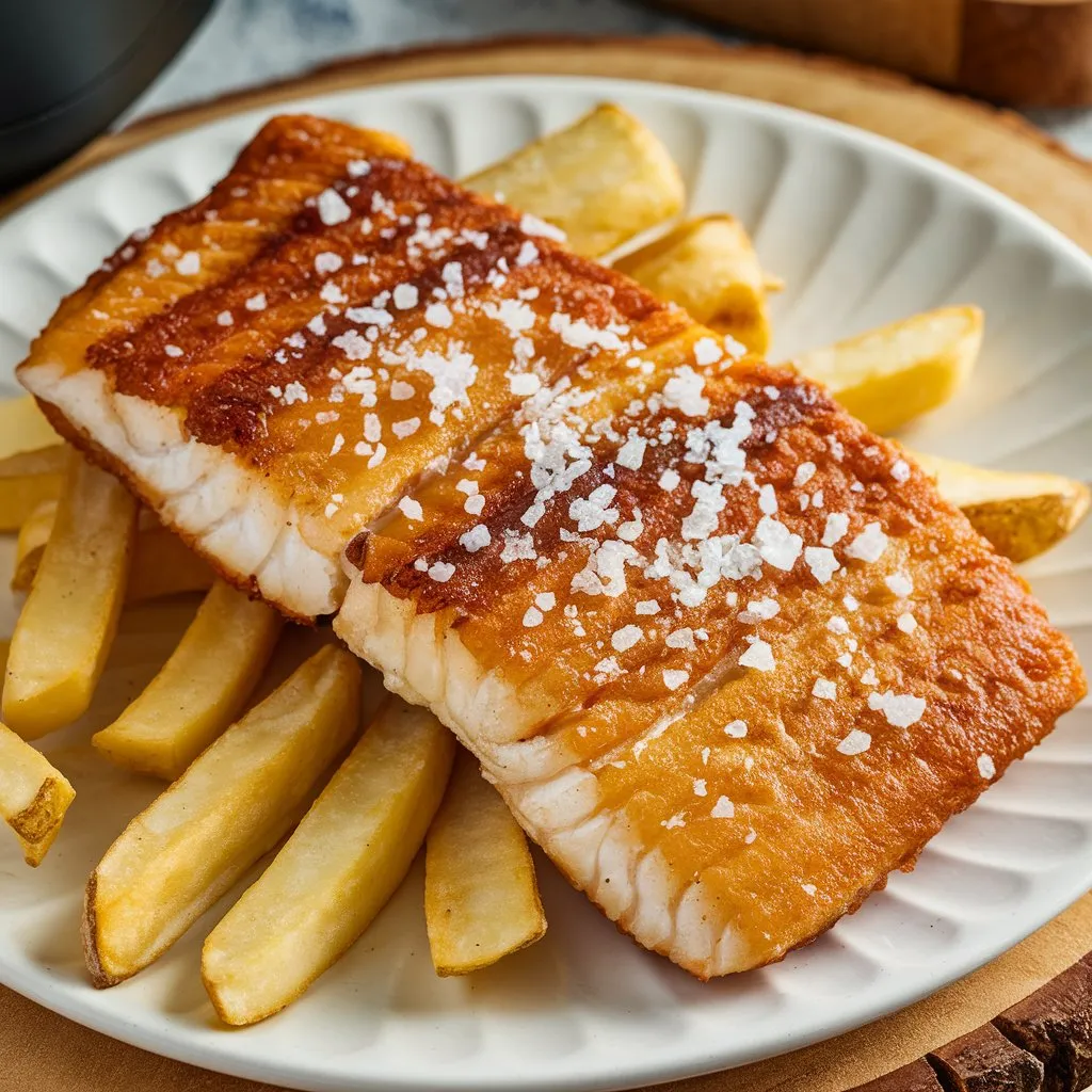 A lectin-free fish and chips dish cooked in an air fryer, featuring golden-brown crispy fish and french fries on a white plate, sprinkled with sea salt, set on a wooden board.