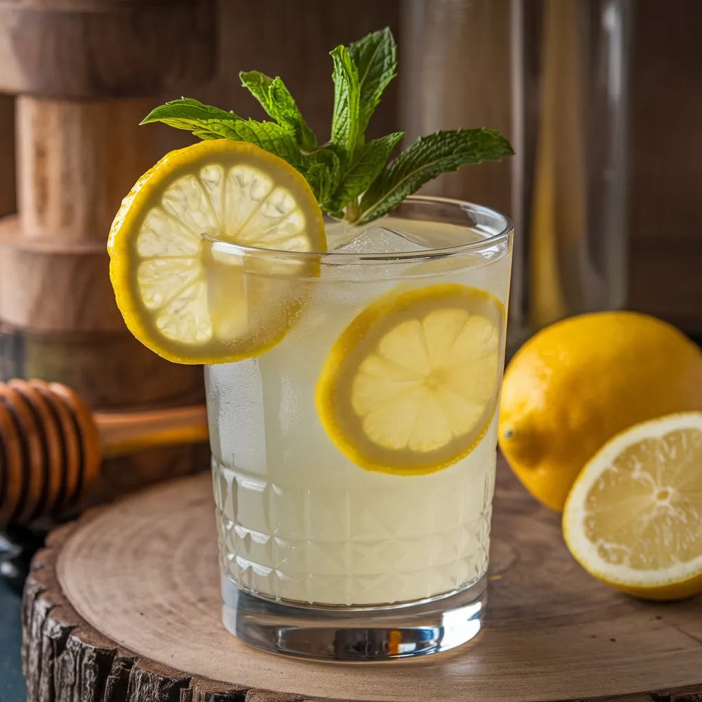 A refreshing Lemon San Diego cocktail with lemon juice, honey syrup, and soda water, garnished with a lemon wheel and sprig of mint, served in a chilled glass with a rustic wooden background.