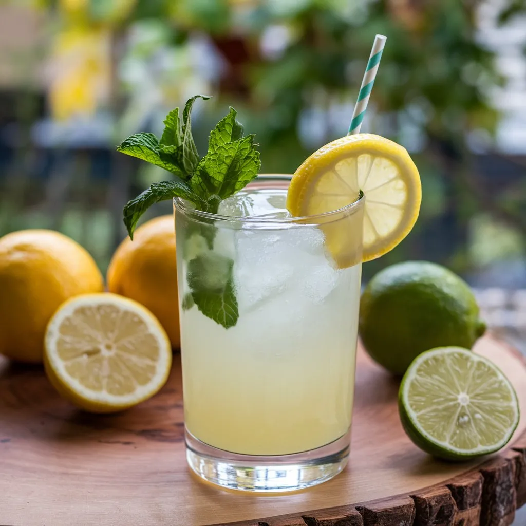 A photo of a Lemon San Diego cocktail with a straw and lemon wedge garnish, placed on a wooden surface. Fresh lemons, a lime, and a sprig of mint are in the background with a blurred view of greenery.