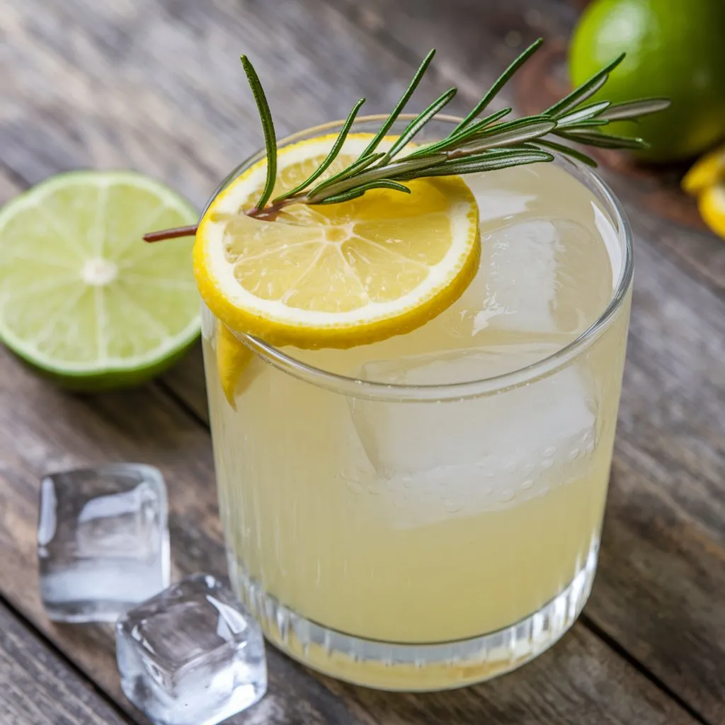 A photo of a Lemon San Diego cocktail with a lemon slice and sprig of rosemary on top, served in a glass with ice cubes. A lime wheel and a few additional ice cubes are placed beside the glass on a wooden surface.