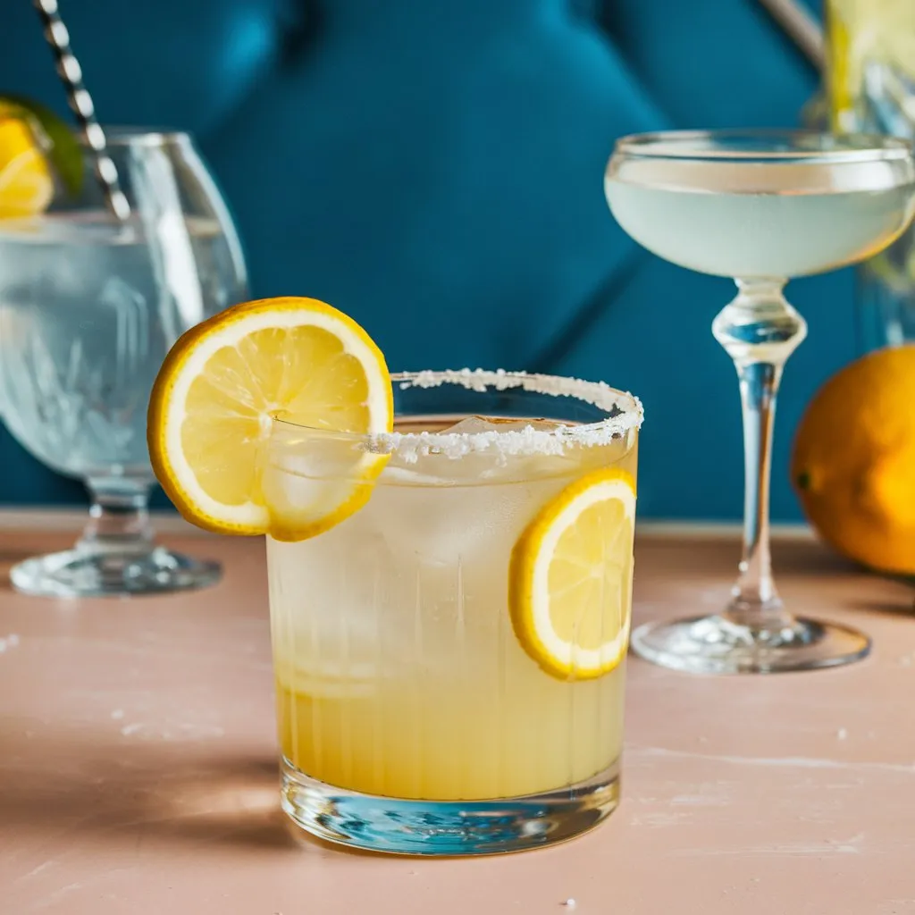 A photo of a Lemon San Diego cocktail with a lemon wheel garnish. The cocktail is served in a glass with a salted rim. The background features a party setting with other non-alcoholic cocktails on a table.