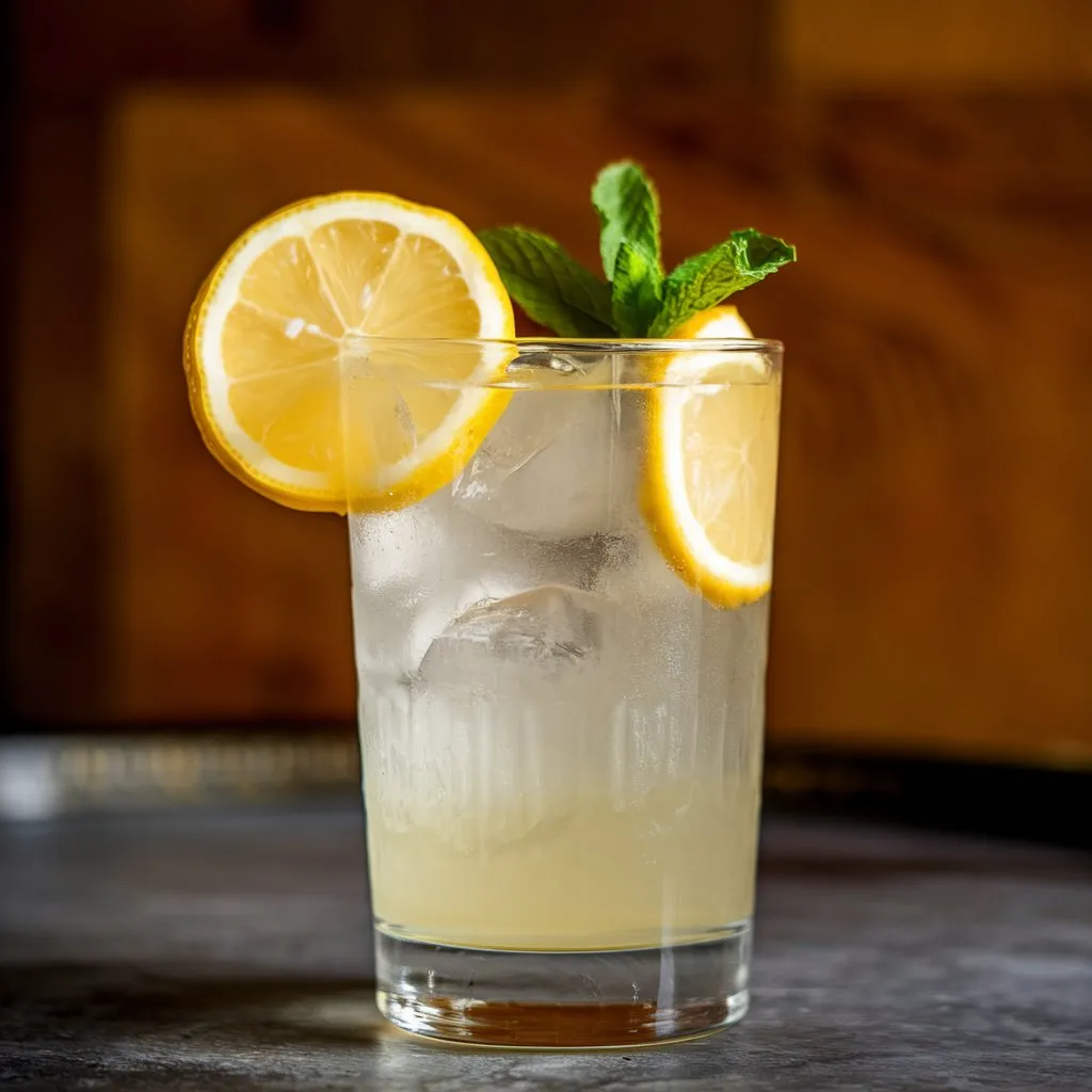 A photo of a Lemon San Diego cocktail with a lemon slice and a mint leaf garnish. The cocktail is served in a tall glass with ice. The background features a wooden surface.