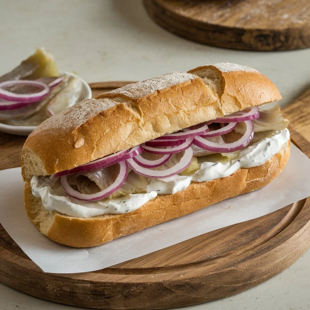 A Matjesbrötchen sandwich made with marinated herring, onions, cream, dill, and lemon juice in a soft roll.