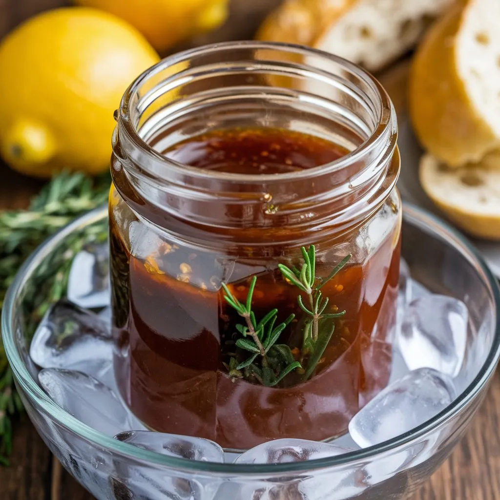 A photo of a New Orleans soaked salad dressing recipe. A glass jar filled with dark red dressing, topped with a layer of oil, sits on a wooden surface. Fresh herbs like thyme and rosemary are at the bottom, while a bowl of ice, lemons, and a baguette are placed around the jar.