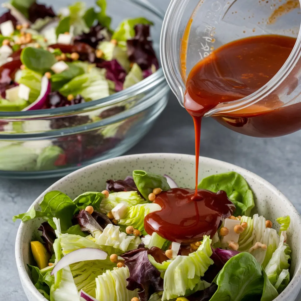 A photo of a New Orleans soaked salad dressing recipe. A salad is being dressed with a mixture of liquid ingredients. The dressing, deep red in color, is drizzled over a fresh salad with a clean, simple background.