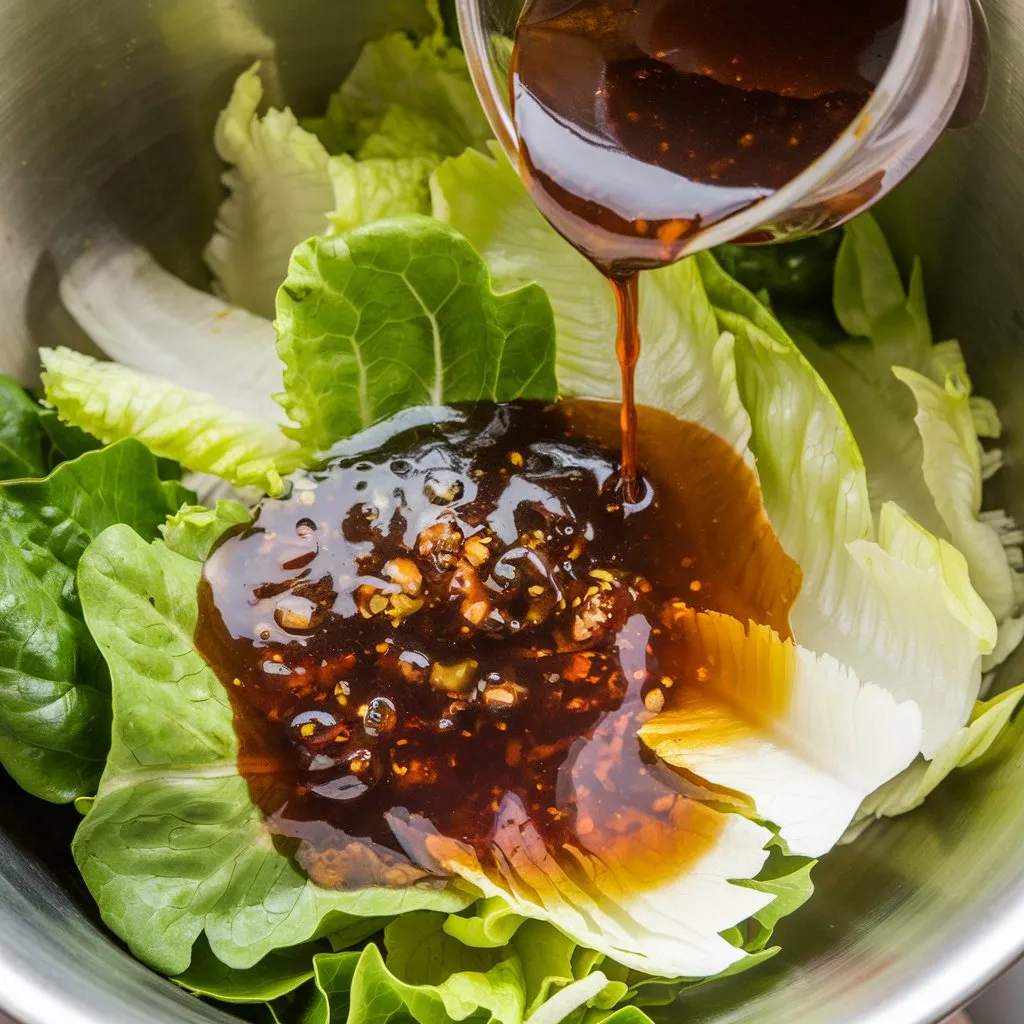 A photo of a New Orleans soaked salad dressing recipe. A glass jar filled with dark red dressing, topped with a layer of oil, sits on a wooden surface. Fresh herbs like thyme and rosemary are at the bottom, while a bowl of ice, lemons, and a baguette are placed around the jar.