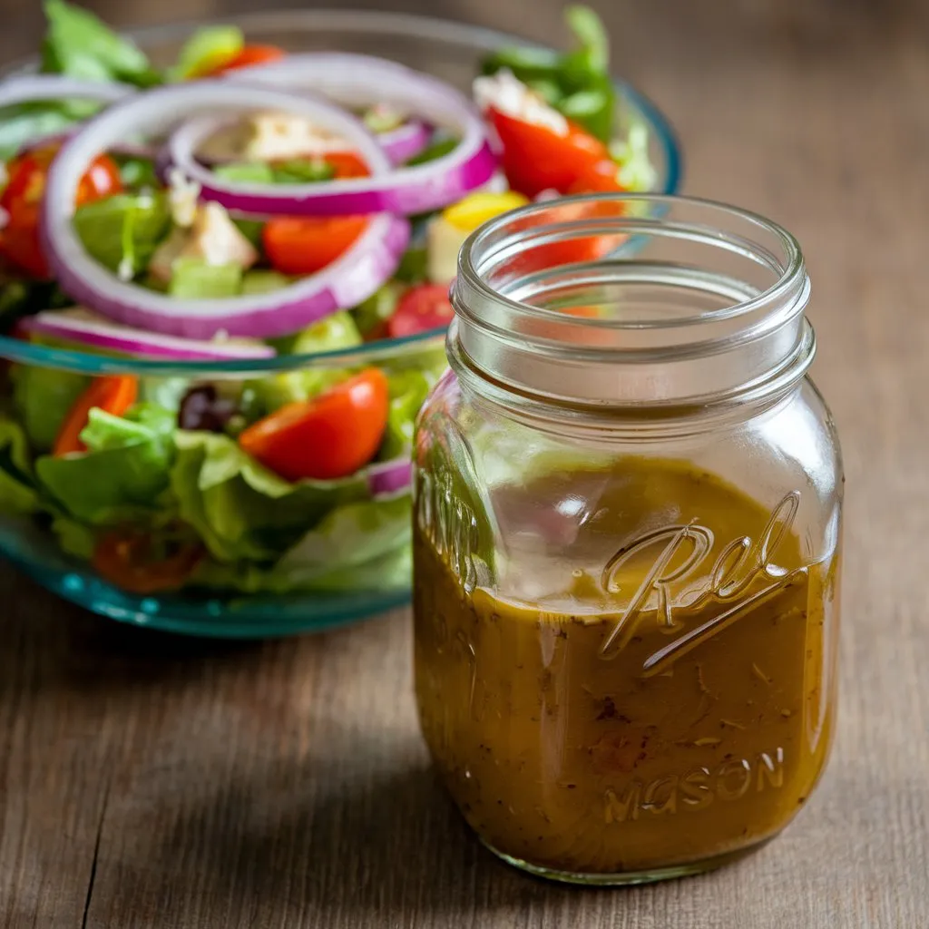 A photo of a New Orleans soaked salad dressing recipe. A salad is being dressed with a mixture of liquid ingredients. The dressing, deep red in color, is drizzled over a fresh salad with a clean, simple background.