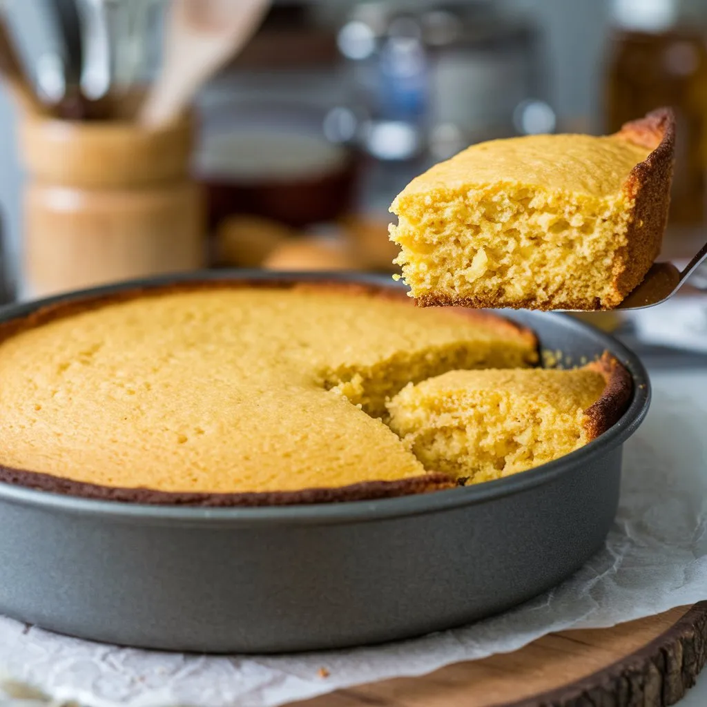 A pan of golden Southern cornbread made with beef tallow, featuring a crispy crust and a soft, slightly sweet interior.