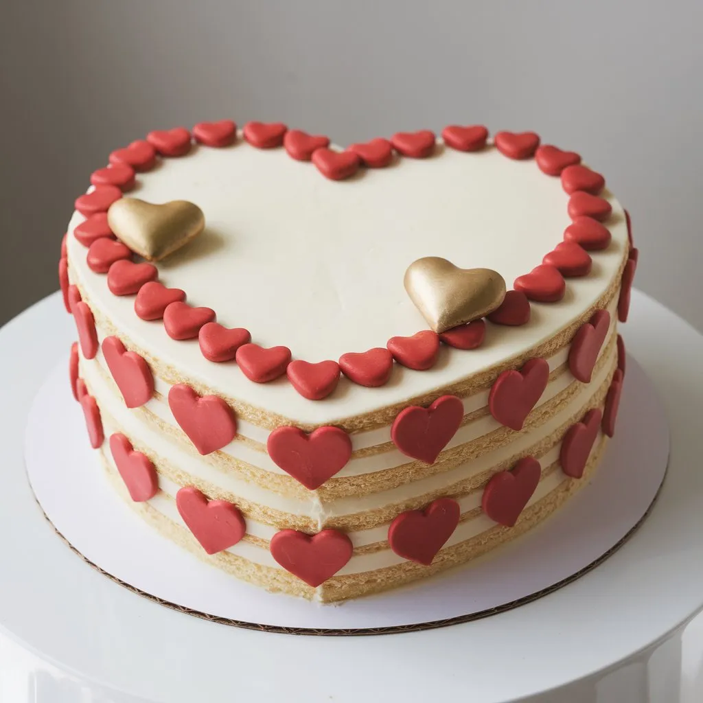 Perfect heart cake made of layered flavors, covered in white icing and decorated with red icing hearts and edible gold hearts. Placed on a white stand with a clean background.