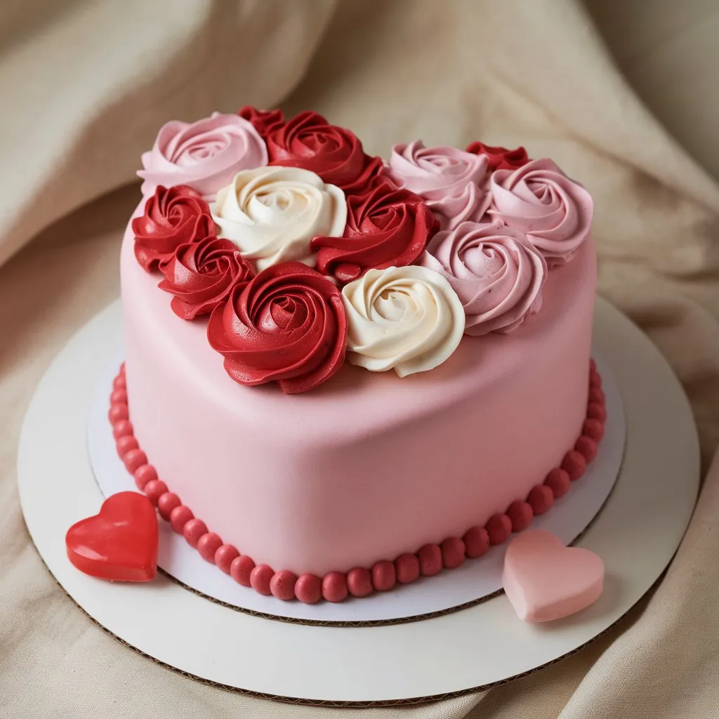 Stunning heart-shaped cake covered in red and pink fondant, decorated with pink and red buttercream flowers, placed on a white cake stand with heart-shaped candies.