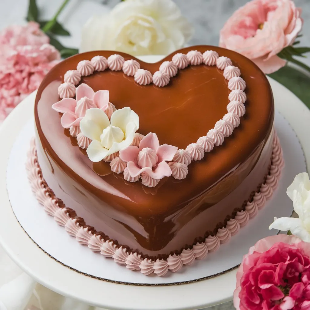 Perfect heart-shaped chocolate cake covered in glossy reddish-brown icing, decorated with white and pink piping details forming hearts and flowers. Surrounded by pink and white flowers on a white stand.