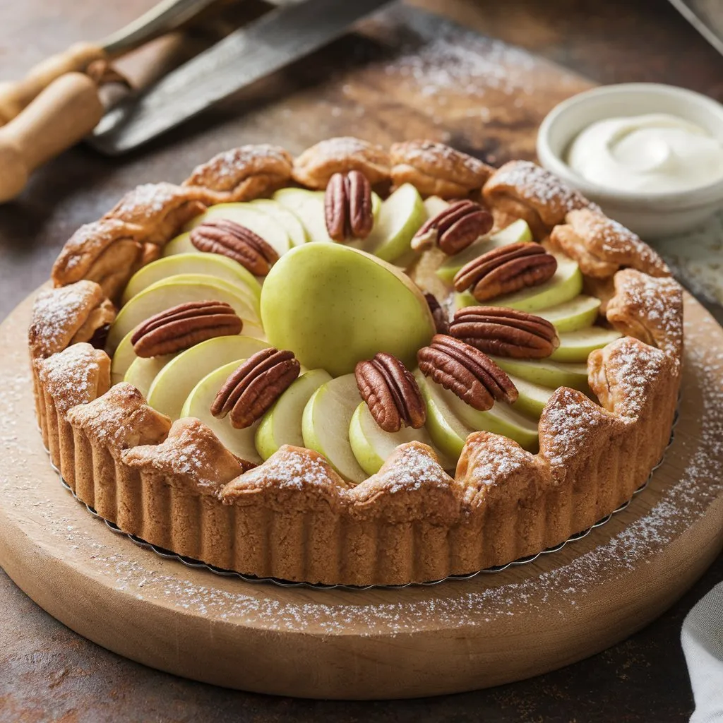 Perfectly baked apple and pecan Danish pastry tart with fresh apples and pecans, dusted with powdered sugar, and served with a dish of cream.