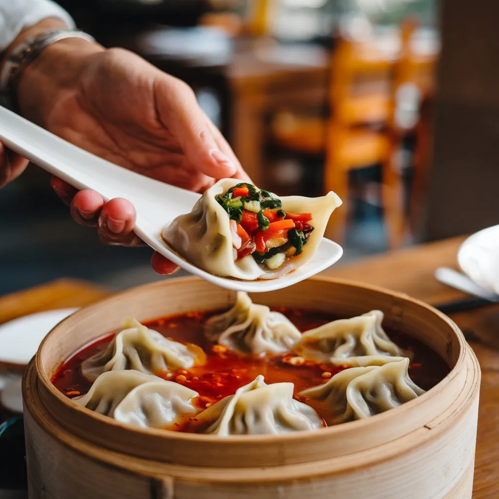 A person's hand serving vegan soup dumplings filled with vegetables in rich, red broth.