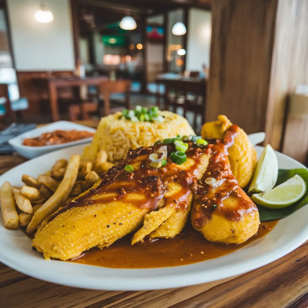 Peruvian Churu Chicken Amarillo dish in Lima featuring yellow chicken with a spicy sauce, served with rice and fries, garnished with green onions and lime wedges.