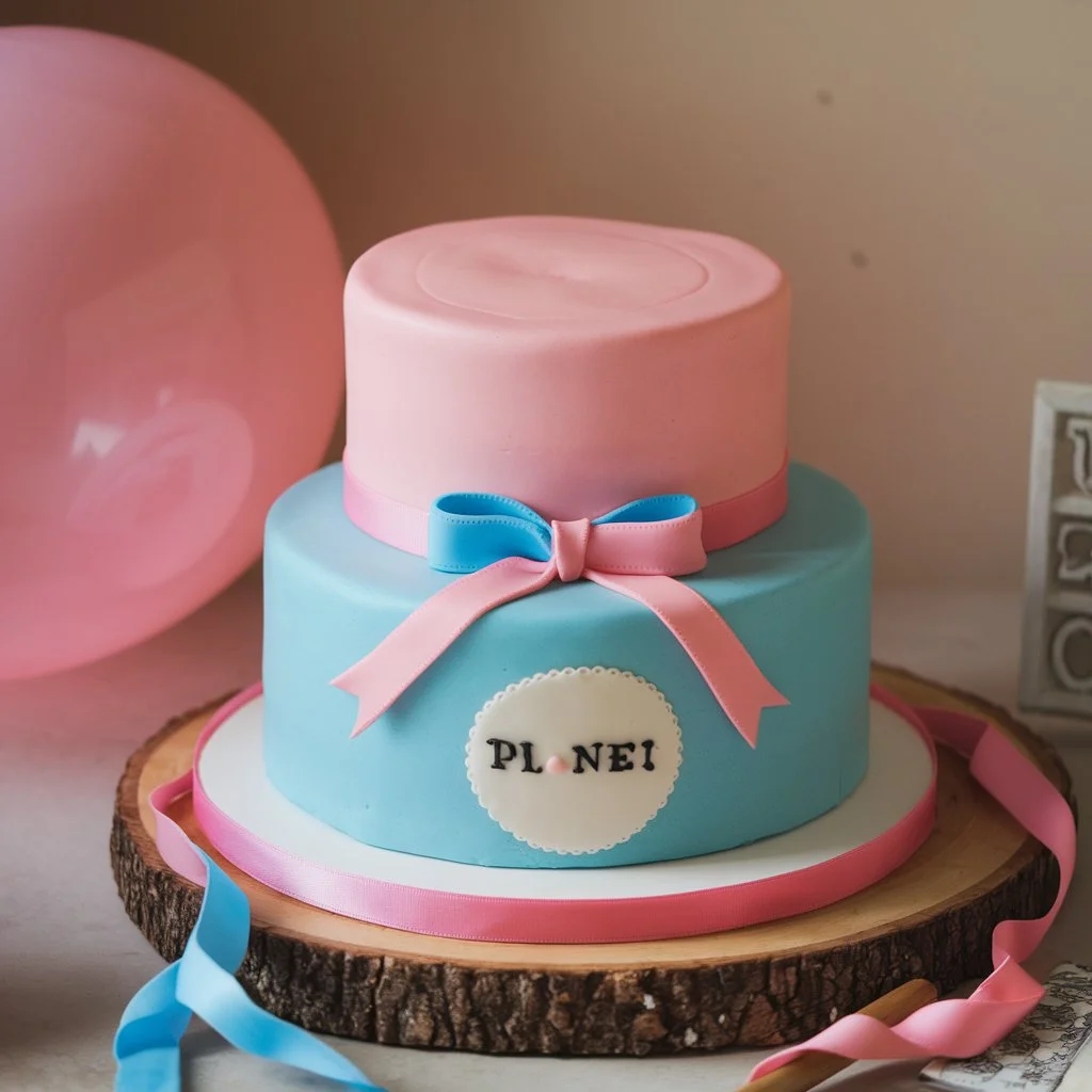 A two-layered gender reveal cake with pink and blue layers, adorned with a pink and blue ribbon, placed on a wooden board. A pink balloon is beside the cake against a beige wall background.