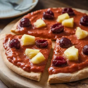 A pizza with a sweet sauce base, thick crust, pineapple, and cherries on top. Sliced and served on a wooden board with a fork.