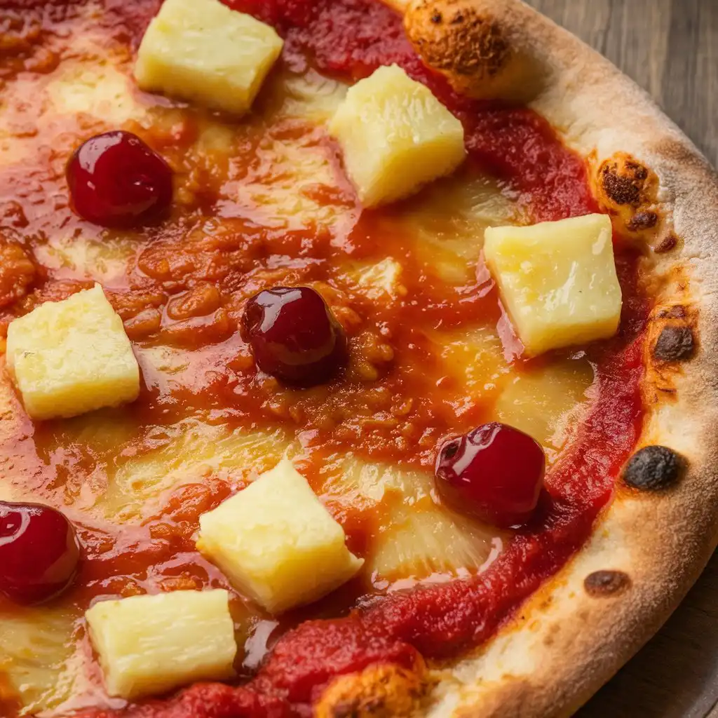 A pizza with a thick red sweet sauce, chunks of pineapple, and maraschino cherries on top. The crust is golden brown and slightly crispy, placed on a wooden surface.