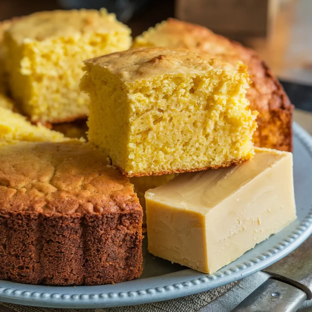 A plate filled with Southern cornbread made with beef tallow, featuring a golden brown crust and a soft interior. A piece of beef tallow, a yellow block of fat, is placed on the plate.