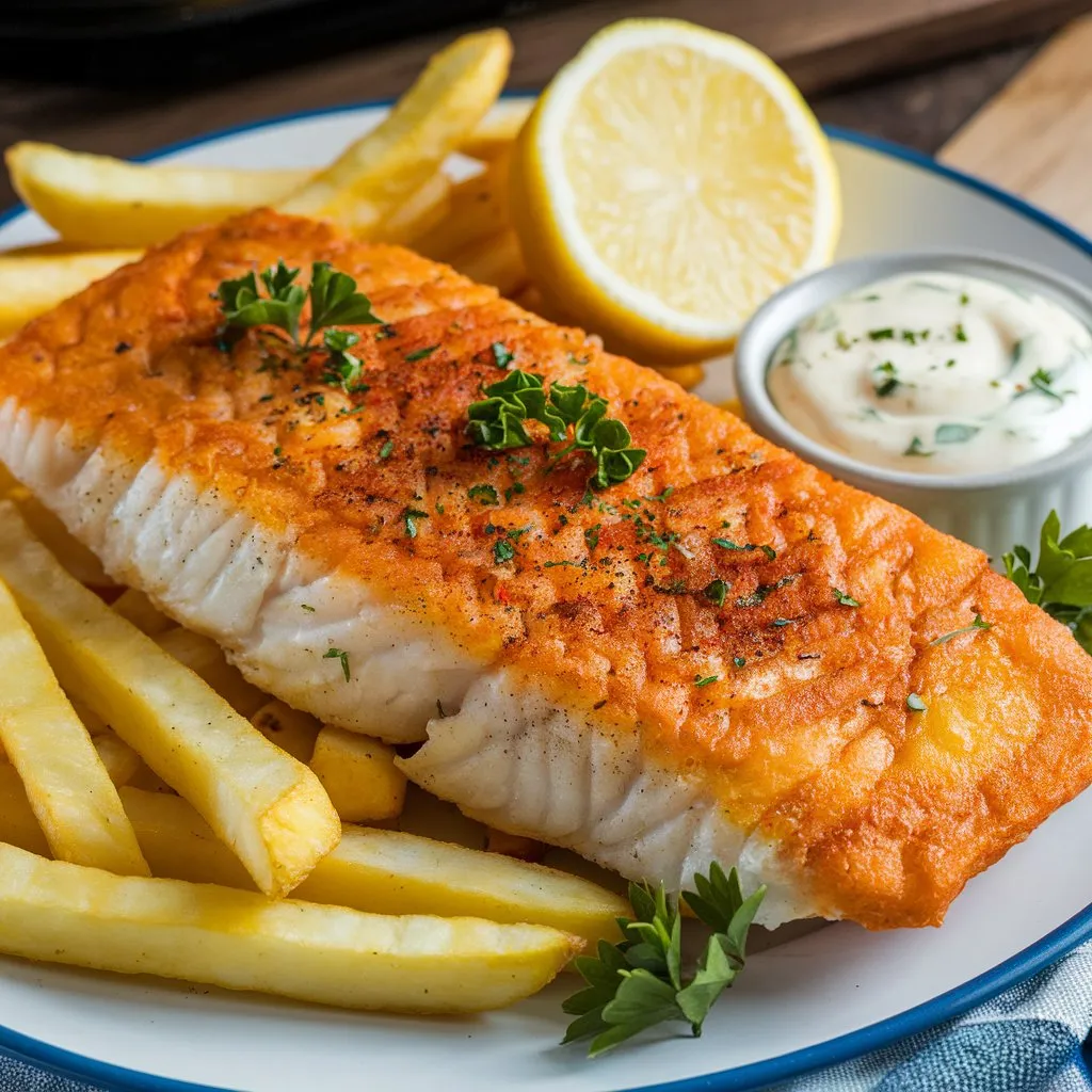 A plate of air fryer lectin-free fish and chips with golden-brown fish fillet, crispy fries, paprika, parsley, lemon wedge, and tartar sauce on a wooden surface.