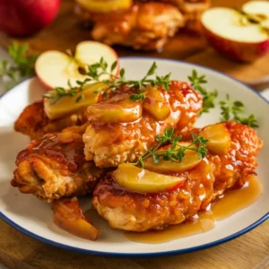 Apple and Honey-Glazed Chicken Tenders with apple slices and herbs on a wooden board.