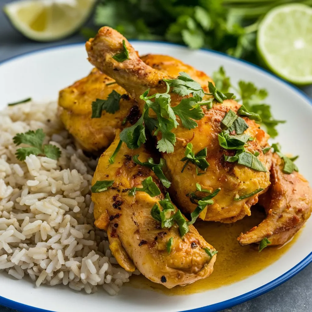 Plate of Churu Chicken Amarillo, a Peruvian dish, with a side of rice. The chicken is marinated in a spicy yellow curry sauce and cooked until crispy, garnished with chopped cilantro, and served with lime slices in the background.