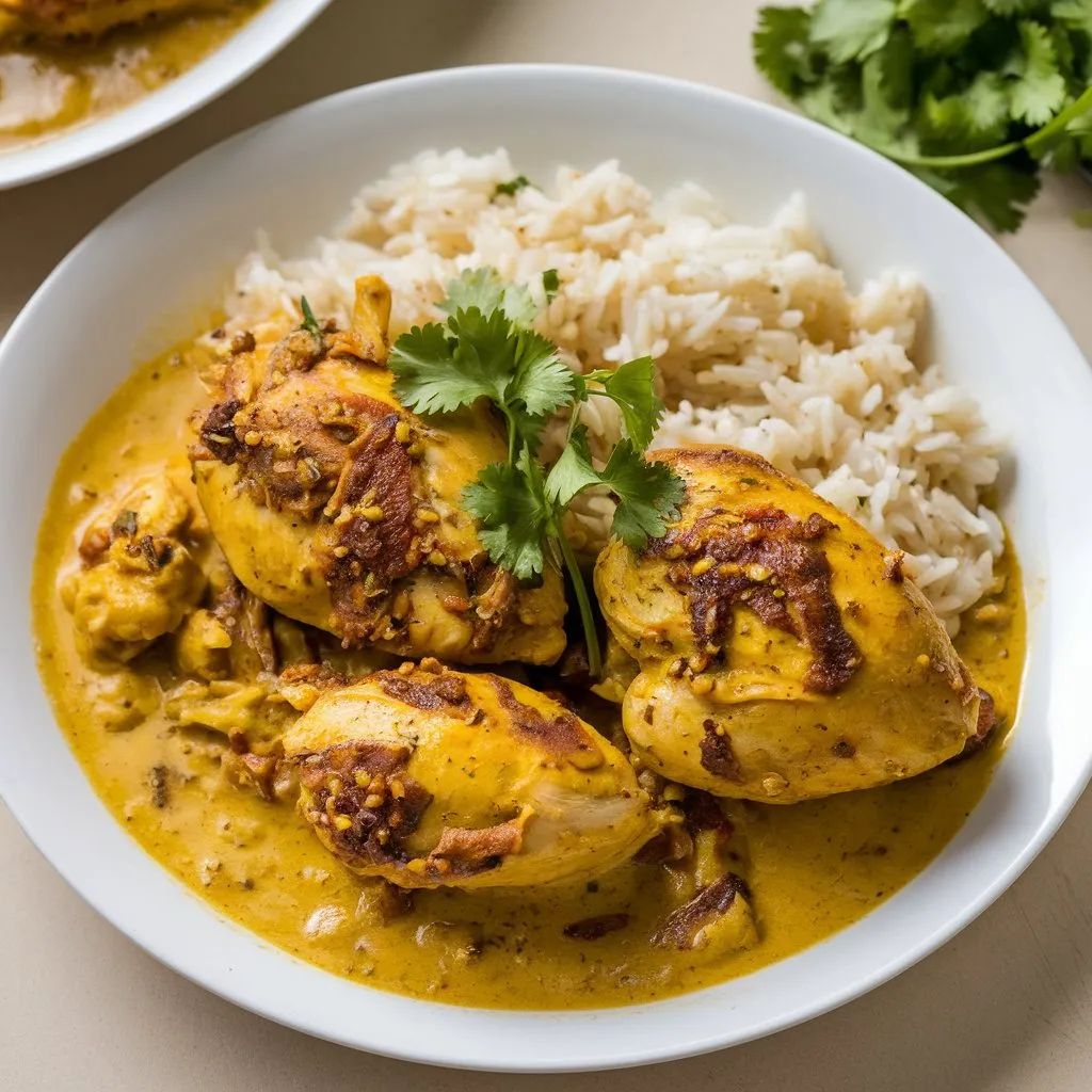 A plate of Churu Chicken Amarillo, an Indian dish with spiced chicken in yellow curry sauce, served with steamed rice and cilantro.