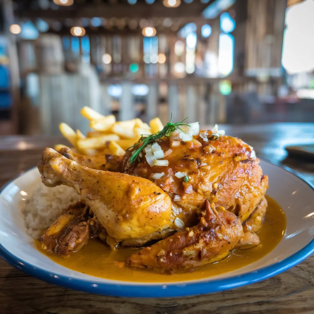 Plate of Churu Chicken Amarillo, a traditional Peruvian dish, featuring chicken cooked in a yellow sauce made from aji amarillo peppers, garlic, onions, and spices, served with rice and French fries.