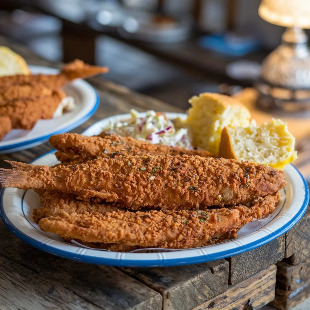 Crispy fried fish coated with Best Hillbilly Fish Fry Seasoning, served with coleslaw and cornbread on a rustic wooden table.