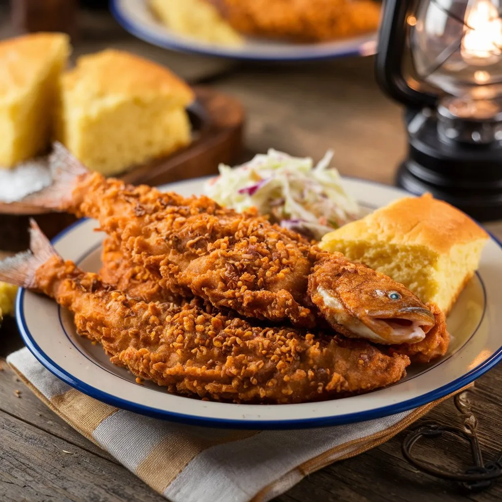 Crispy fried fish coated with Best Hillbilly Fish Fry Seasoning, served with coleslaw and cornbread on a rustic wooden table.