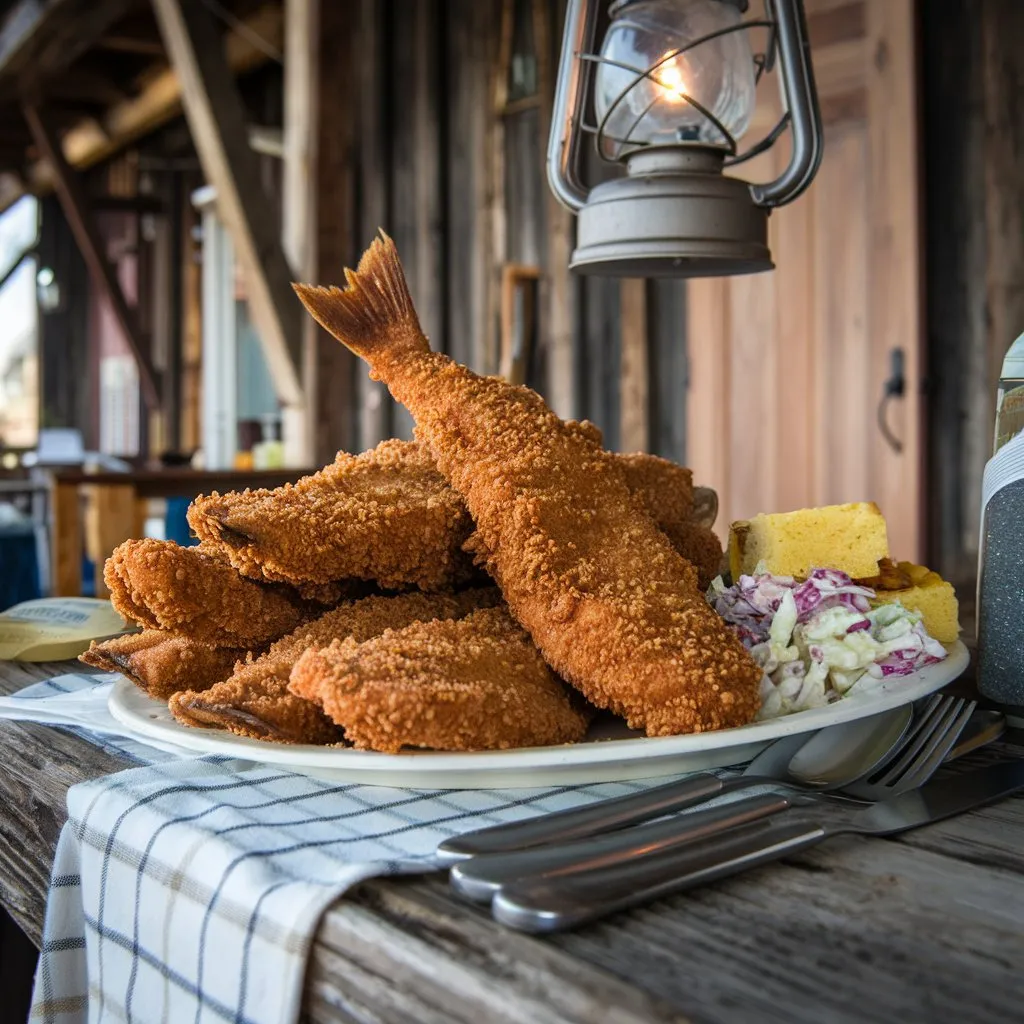 Crispy fried fish coated with Best Hillbilly Fish Fry Seasoning, served with coleslaw and cornbread on a rustic wooden table with a checkered tablecloth and utensils.