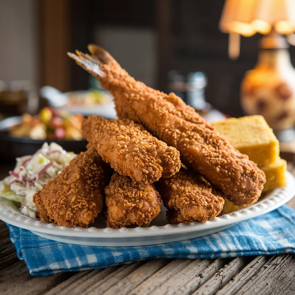 Crispy fried fish coated with Best Hillbilly Fish Fry Seasoning, served with coleslaw and cornbread on a rustic wooden table.