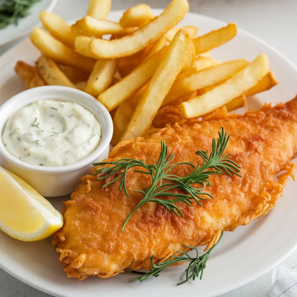 A plate of delicious lectin-free fish and chips with crispy golden-brown fish and thin, golden brown chips. A small bowl of tartar sauce and a lemon wedge are served on the side.