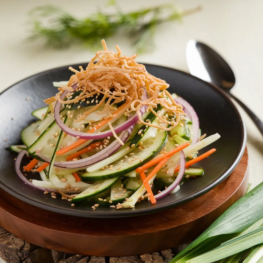 A photo of a plate of Din Tai Fung Cucumber Salad featuring thinly sliced cucumbers, red onions, and carrots tossed in a dressing made from rice vinegar, sugar, and sesame oil. The dish is garnished with sesame seeds and crispy fried onions, placed on a wooden base with a spoon next to the plate.