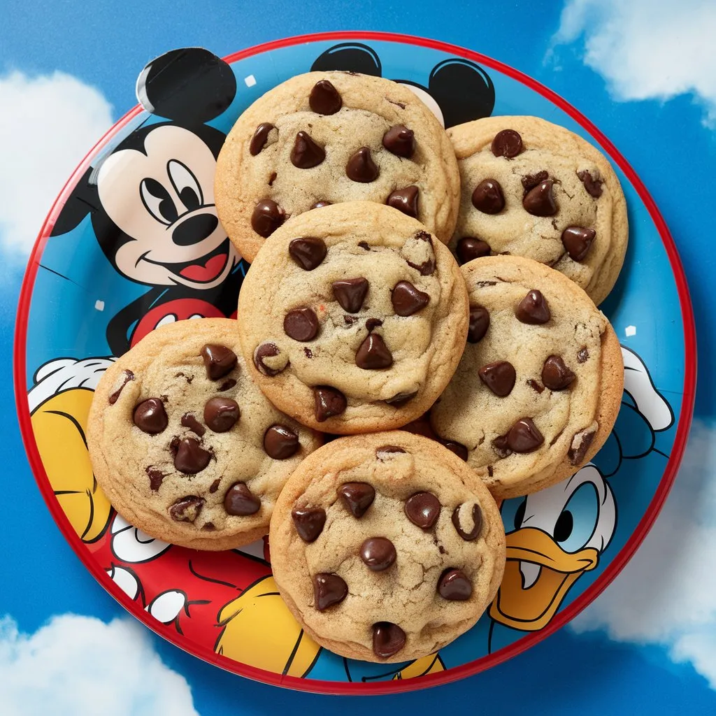 A plate of Disney-themed chocolate chip cookies featuring Mickey Mouse and Donald Duck, with chocolate chips scattered throughout.