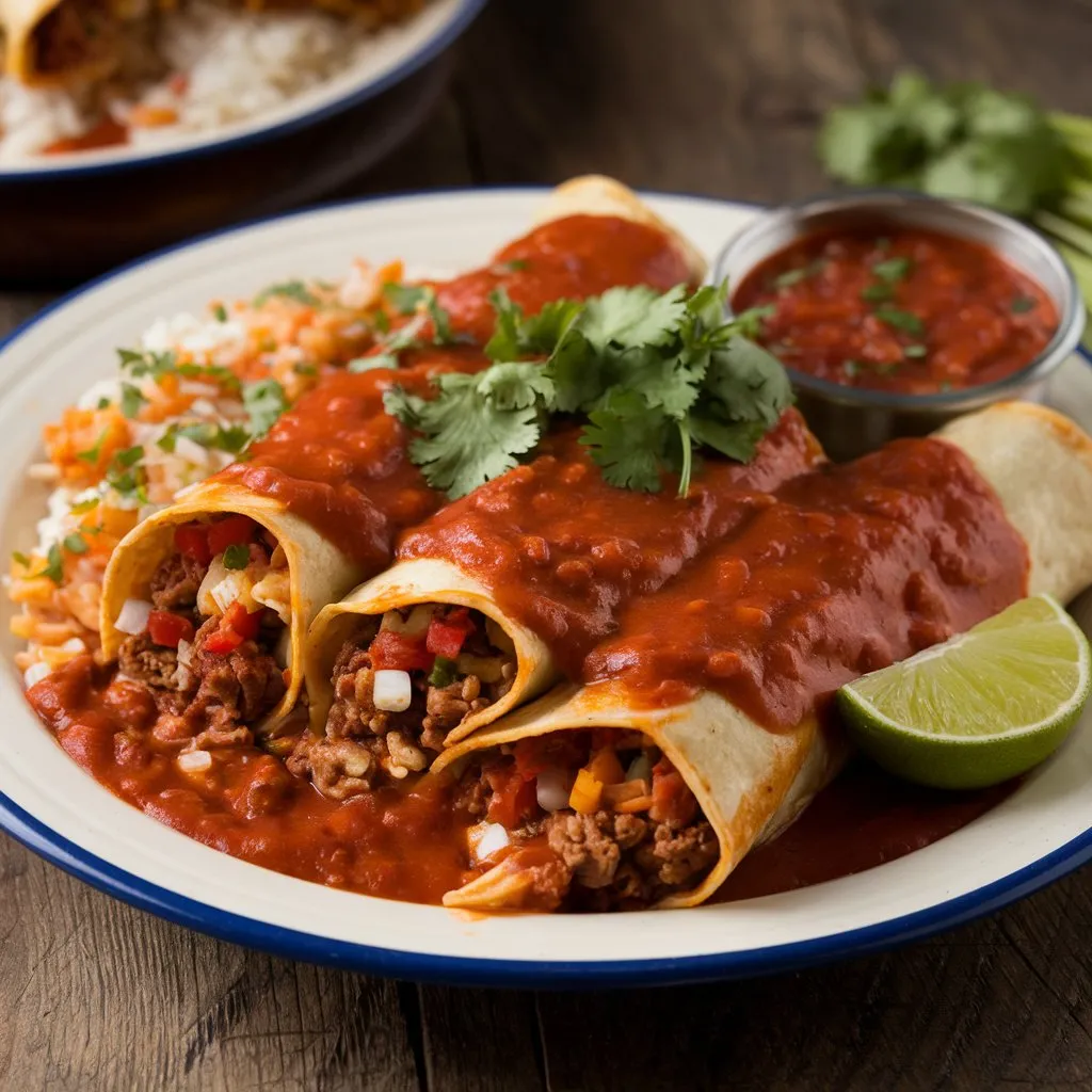 A plate of enchiladas filled with meat and vegetables, topped with red sauce, garnished with cilantro, lime, rice, and salsa.