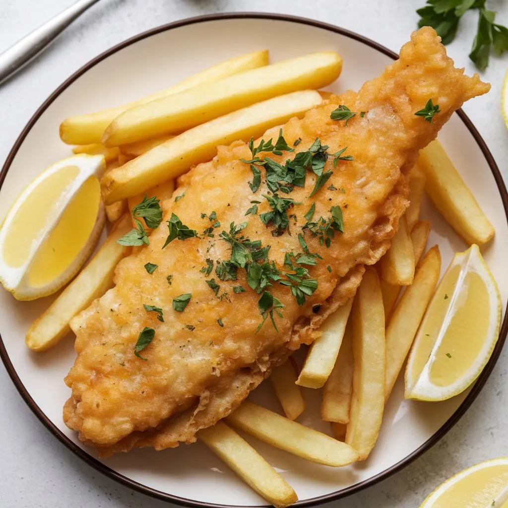 A plate of lectin-free fish and chips featuring golden brown fish coated in a crispy lectin-free batter, served with crispy golden fries. Garnished with lemon wedges and a sprinkle of parsley on a white background.