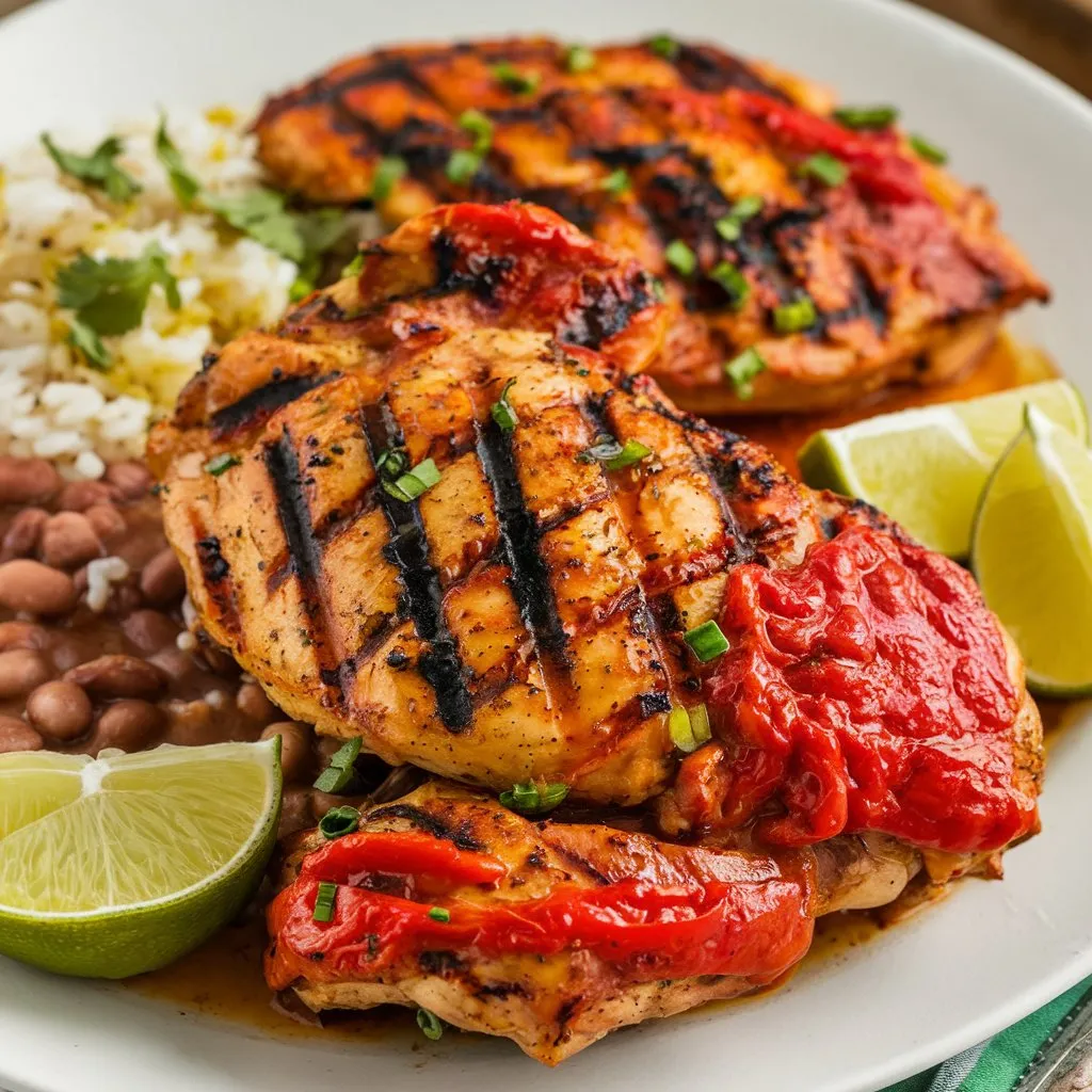 Grilled red pepper Mexican chicken, marinated and cooked to perfection with a smoky flavor and tender texture. Served with rice, beans, and slices of lime on the side.