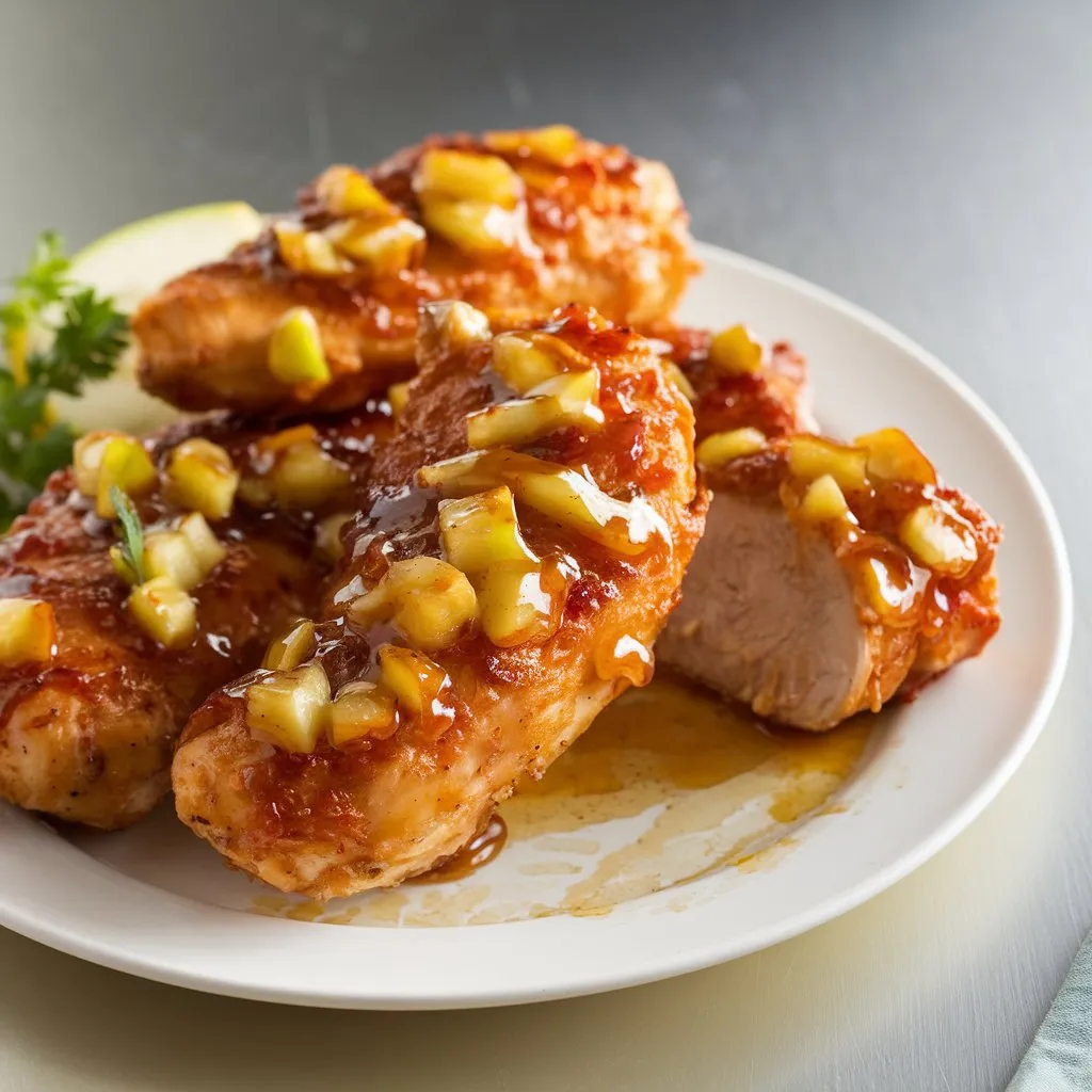 Plate of Apple and Honey-Glazed Chicken Tenders with golden brown tenders and a honey-apple glaze, missing a portion, indicating it has been tasted.