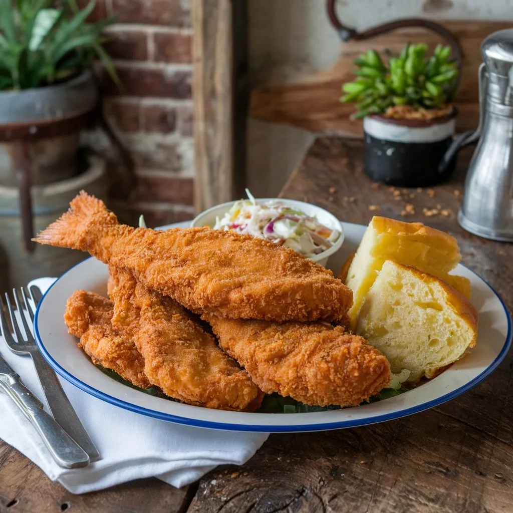 Crispy fried fish coated with Best Hillbilly Fish Fry Seasoning, served with coleslaw and cornbread on a rustic wooden table with a white tablecloth and utensils.