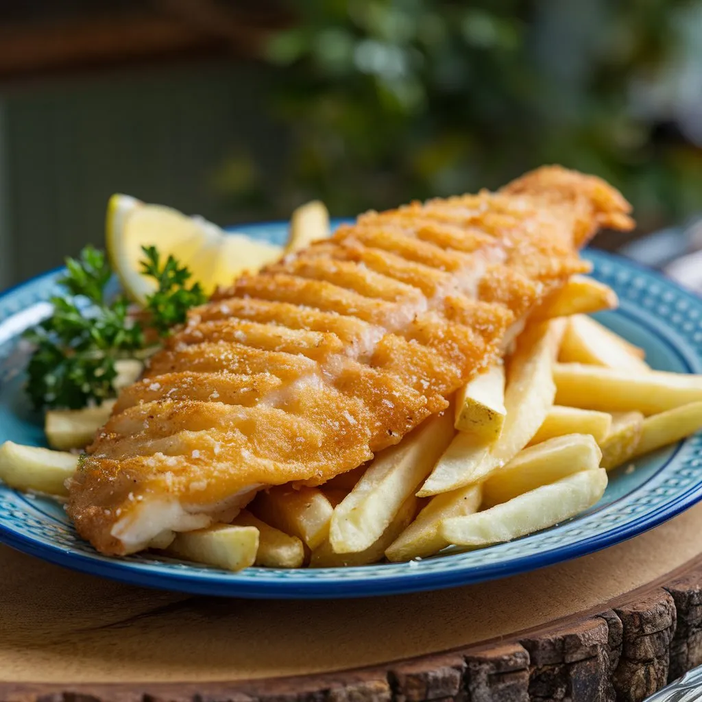 A plate of lectin-free fish and chips with golden brown fish on a bed of crispy fries. Garnished with a lemon wedge and sprig of parsley, set on a wooden board with a blurred background featuring greenery and soft lighting.