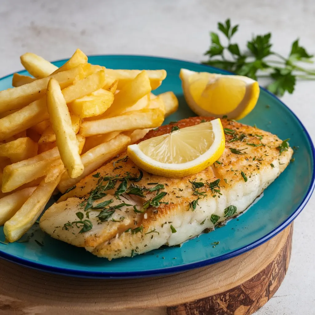 A plate of lectin-free fish and chips featuring a golden-brown fish fillet topped with herbs and a lemon wedge, accompanied by crispy fries and garnished with a sprig of parsley.