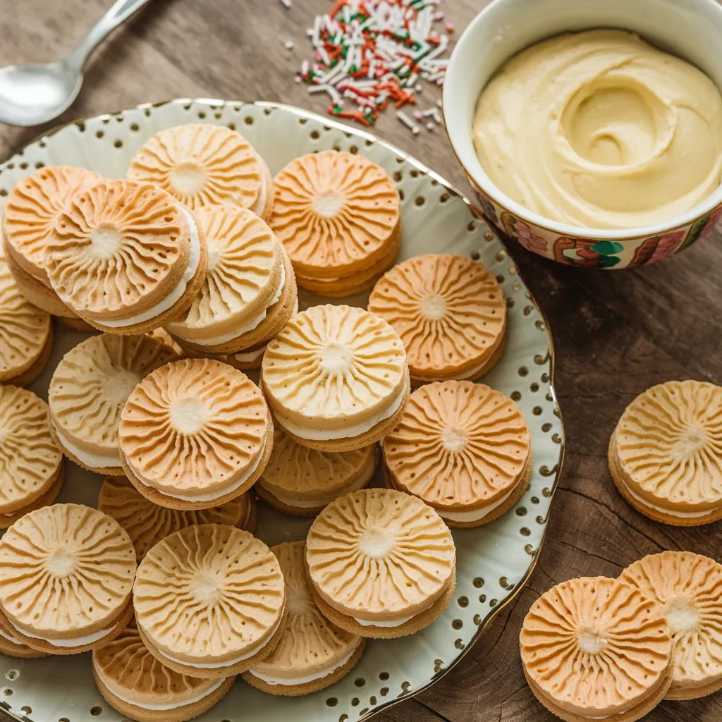 A photo of a plate of Madeline cookies with a cream filling. The cookies are arranged in a decorative pattern. There is a bowl of the cream filling next to the plate, along with sprinkles and a spoon. The background features a wooden surface.