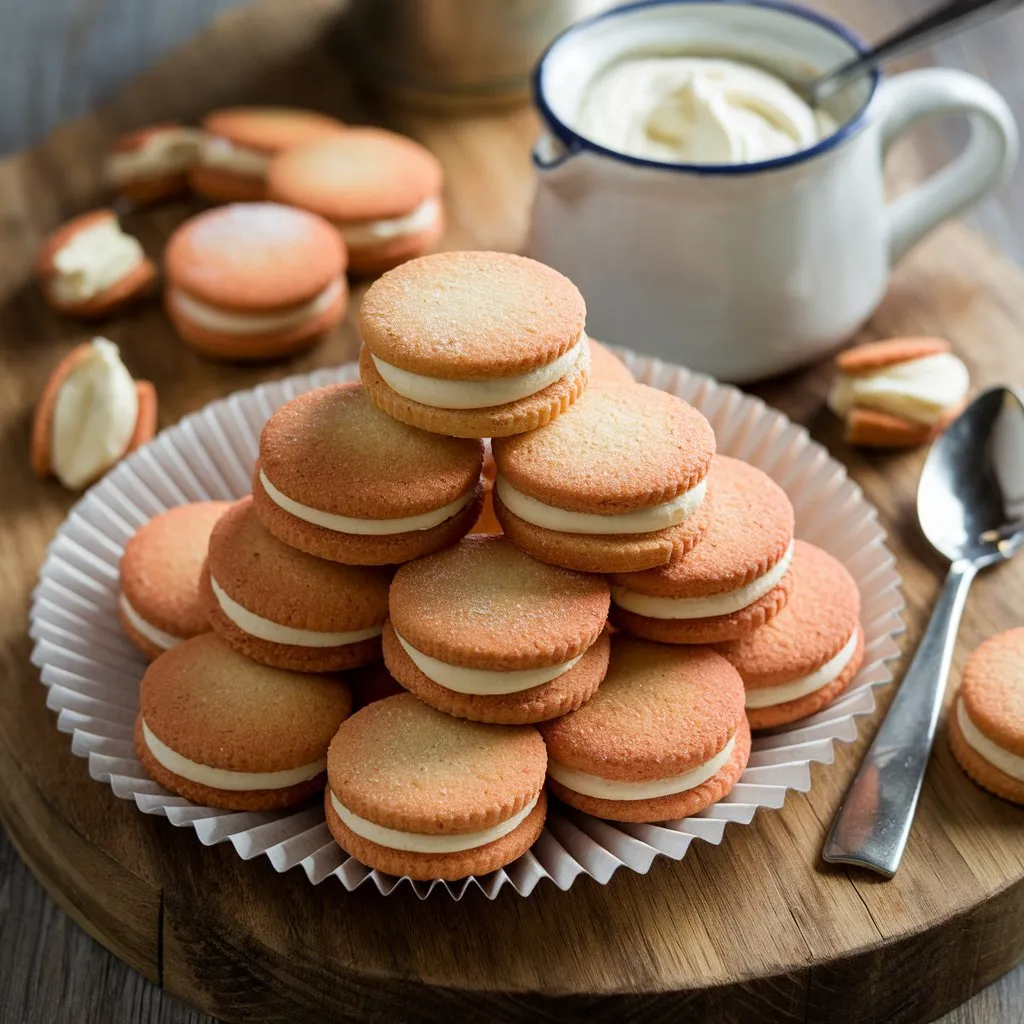 A plate of Madeline cookies with cream filling arranged in a paper pyramid. A pot of cream and spoon are beside the plate on a wooden board. Madeline cookies recipe using cream is featured.