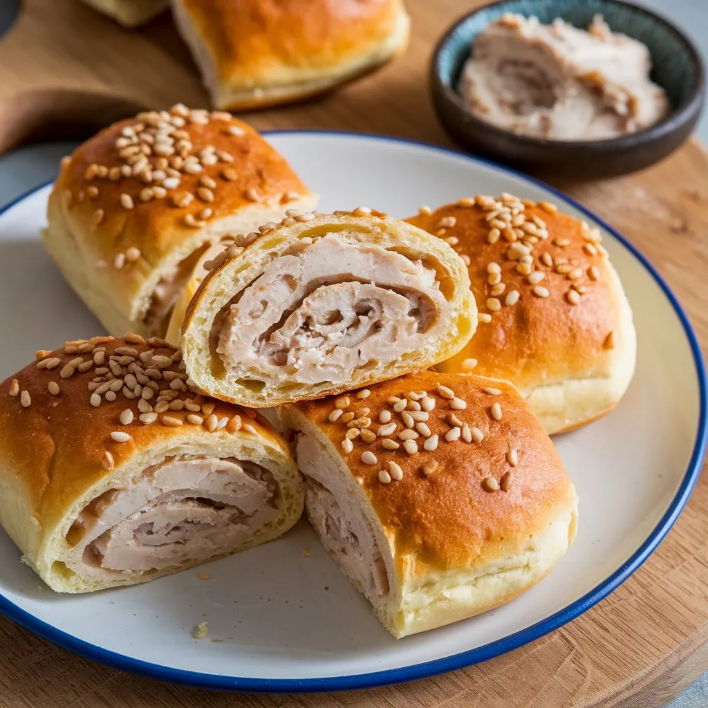 Plate of golden brown Matjesbrötchen rolls with fish paste, sesame seeds, and a small bowl of fish paste.