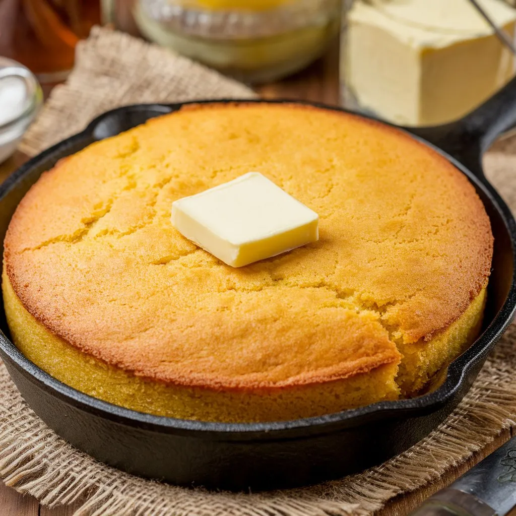 A plate of Southern cornbread made with beef tallow, featuring a golden-brown hue served in a cast iron skillet with a pat of butter.